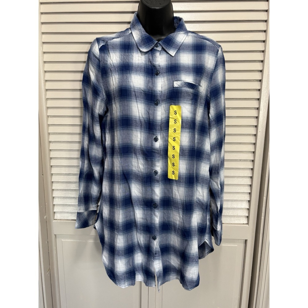 Boston Traders‎ NWT Long Sleeve Flannel Shirt Blue/White Plaid Size S Boyfriend